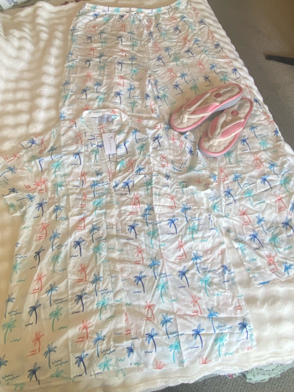 Women’s White Palm-Print Pajama Set with Pastel Accents & Slippers